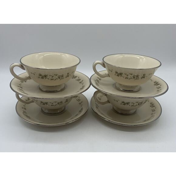 Vtg Lenox Brookdale Cup And Saucer Platinum Trim Set Of 4 Retired - Picture 1 of 8